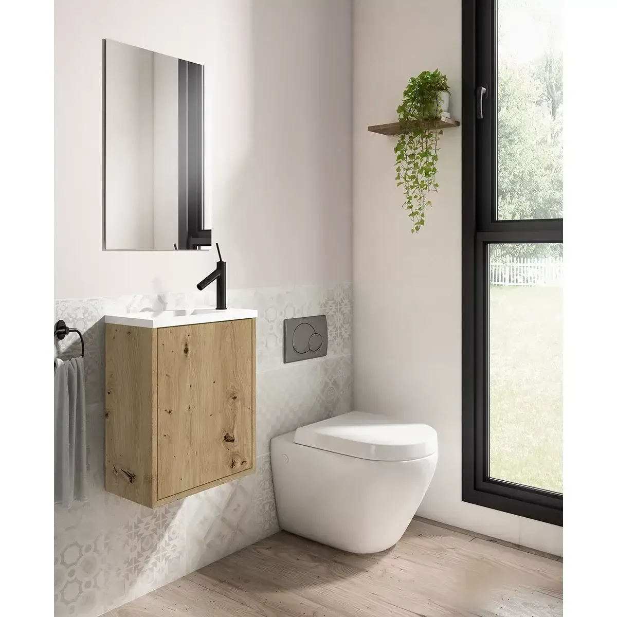 Baño con tocador de madera, inodoro blanco, ventana con marco negro y planta colgante.