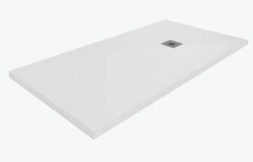 Base de ducha rectangular de color blanco con desagüe situado en el centro.