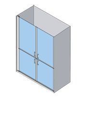 Vista isométrica de una cabina de ducha con puertas de vidrio, interior azul, marco plateado y manijas.