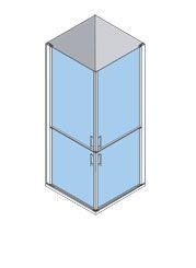 Vista isométrica de una cabina de ducha de esquina con puertas de vidrio y techo triangular.