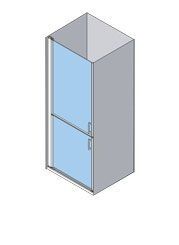 Vista isométrica de una cabina de ducha con puertas corredizas de vidrio. El interior es azul claro.