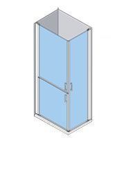 Vista isométrica de una cabina de ducha rectangular con dos puertas de vidrio y marco plateado; interior azul claro.