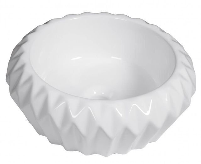 Cuenco de cerámica blanca con un exterior con textura geométrica similar a un diamante.