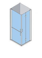 Vista isométrica de una cabina de ducha de esquina con puertas de vidrio azul y marco plateado.