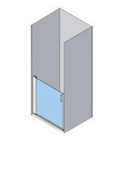 Vista isométrica de una cabina de ducha con puerta corrediza de vidrio.