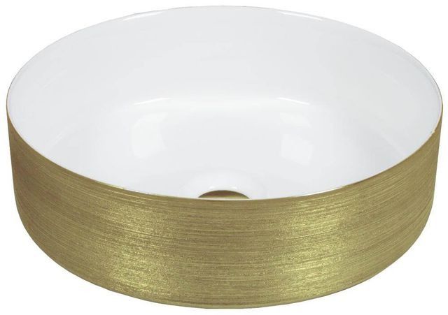 Cuenco de cerámica blanco y dorado, circular, con orificio de drenaje.