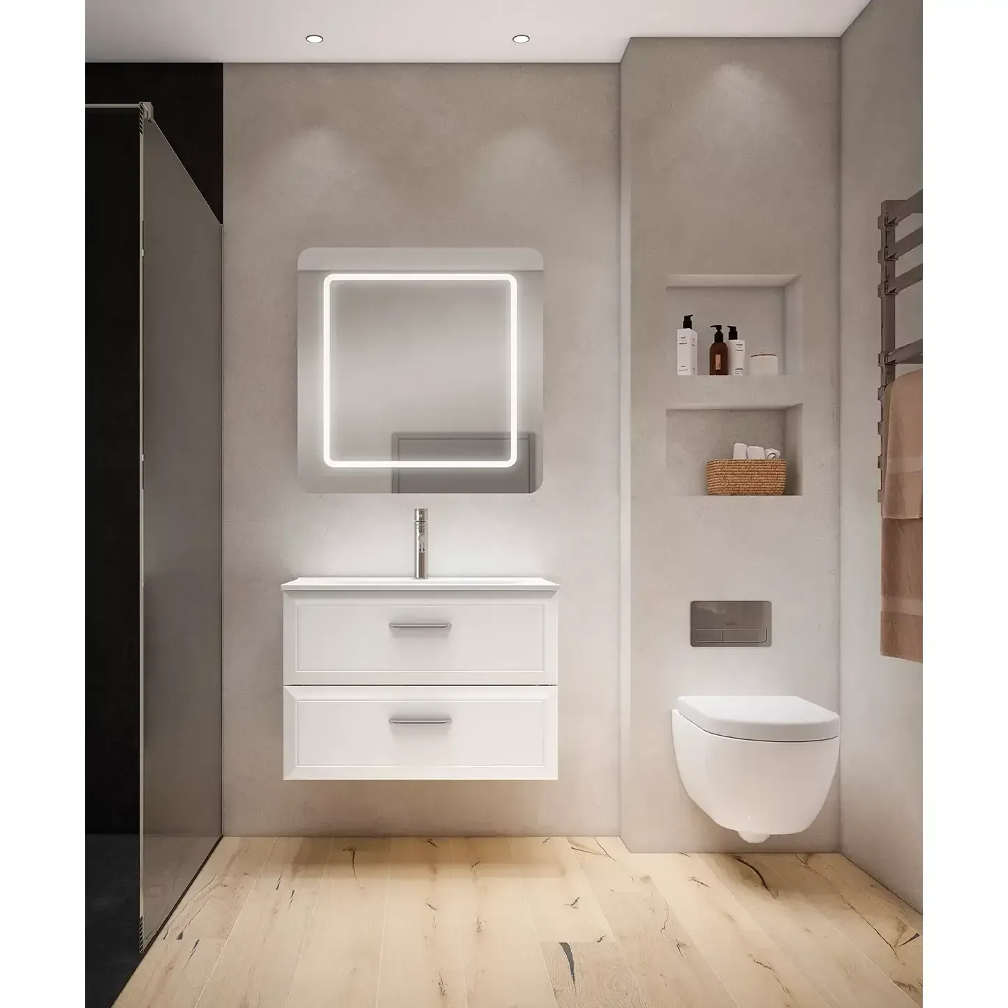 Baño blanco moderno con tocador flotante, espejo cuadrado iluminado, inodoro y estantes empotrados.
