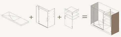 Diagrama de componentes del gabinete: base, panel lateral, estantes, ensamblado para formar un armario.