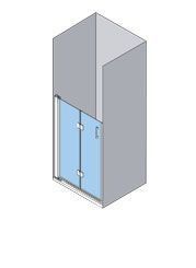 Vista isométrica de una cabina de ducha con puertas de vidrio azul y herrajes plateados, dentro de un recinto gris.