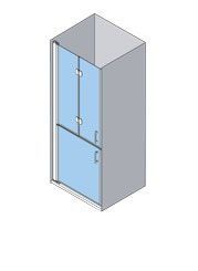 Vista isométrica de una cabina de ducha con puertas de vidrio; el interior es de color azul.