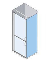 Vista isométrica de una cabina de ducha con puerta de vidrio y pared azul, marco gris y techo.