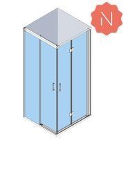 Vista isométrica de una cabina de ducha con puertas de vidrio, interior azul, marco plateado y manijas.