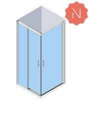 Vista isométrica de una cabina de ducha de esquina con puertas de vidrio y techo triangular.