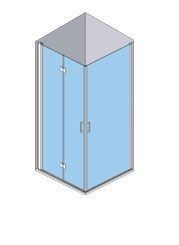 Vista isométrica de una mampara de ducha de vidrio triangular con marco plateado e interior azul.