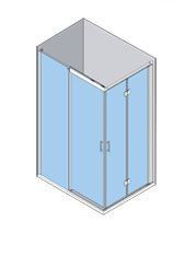 Vista isométrica de una cabina de ducha de vidrio con paneles azules y marco plateado.