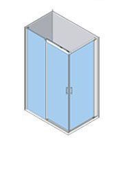 Vista isométrica de una cabina de ducha con puertas de vidrio, interior azul, marco plateado y manijas.