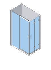 Vista isométrica de una cabina de ducha de esquina con puertas de vidrio y techo triangular.