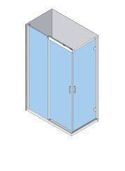 Vista isométrica de una cabina de ducha con puertas corredizas de vidrio. El interior es azul claro.