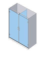 Vista isométrica de una cabina de ducha con puertas corredizas de vidrio. Marco plateado, vidrio azul y fondo azul claro.