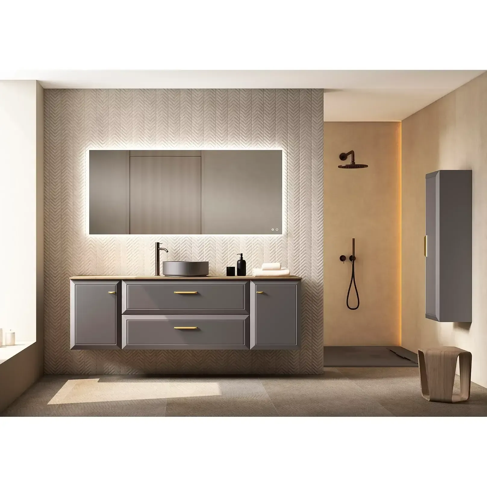 Baño moderno con tocador gris, espejo grande, ducha y mueble de almacenaje.