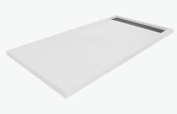 Base de ducha rectangular de color blanco con abertura de desagüe oscura.