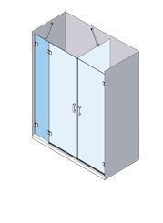 Vista isométrica de una cabina de ducha rectangular con puertas corredizas de vidrio y herrajes plateados.