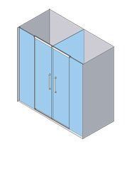 Vista isométrica de una cabina de ducha con puertas corredizas de vidrio, marco plateado y paredes de color azul claro.