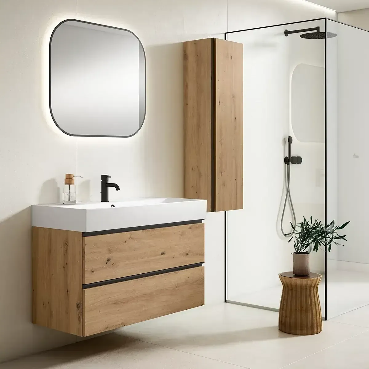 Baño moderno con tocador de madera, espejo y ducha.