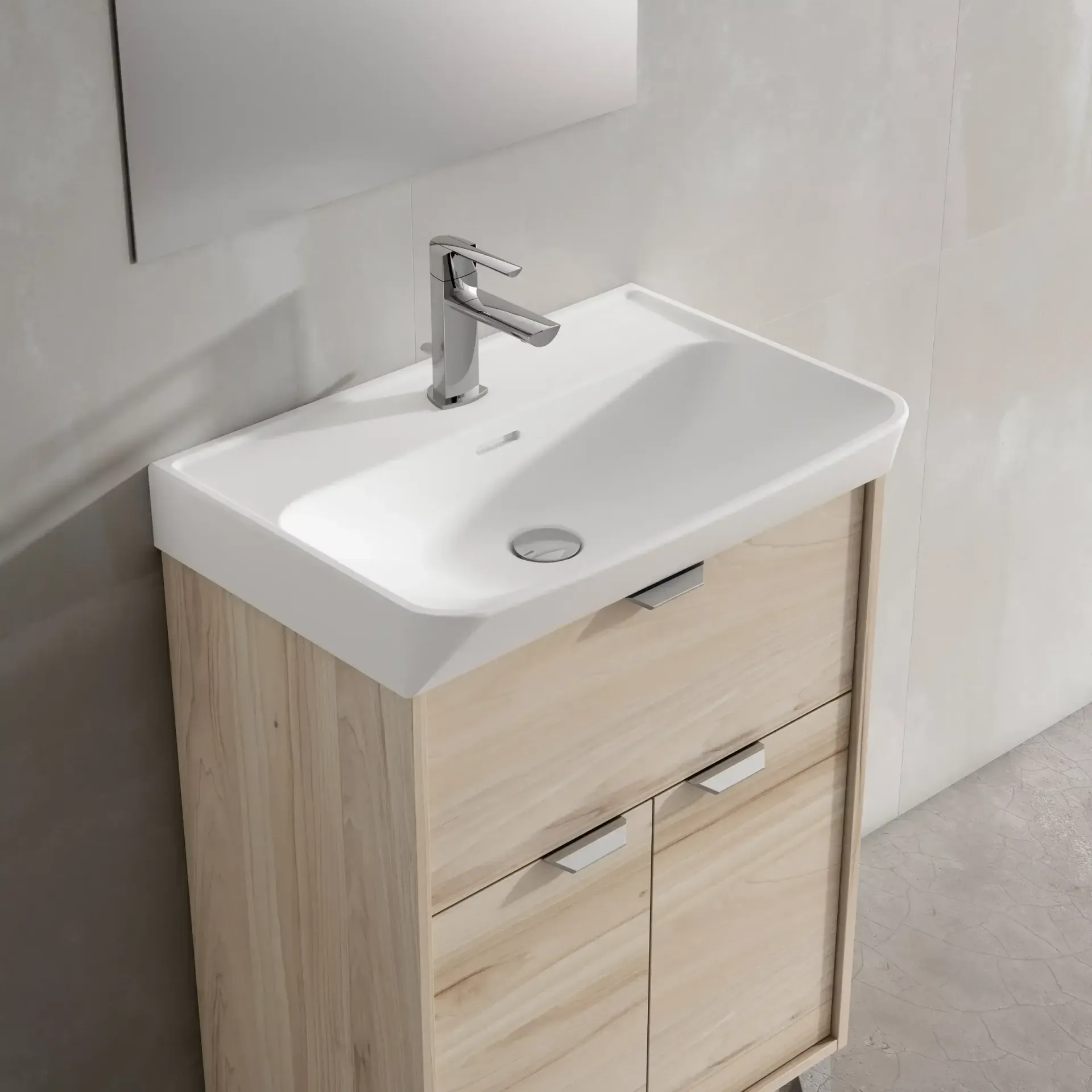 Mueble de baño con lavabo blanco, grifería cromada y mueble de madera.