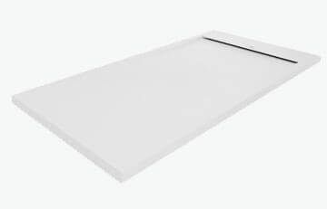 Base de ducha rectangular de color blanco con desagüe lineal.