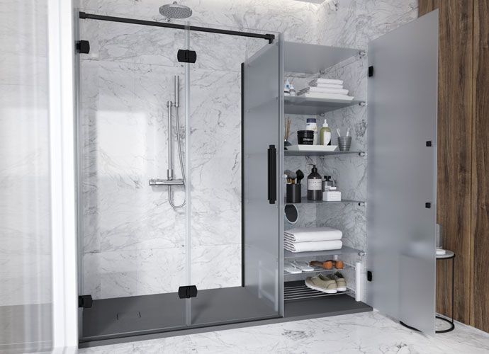 Ducha con puertas de cristal y mueble de almacenaje incorporado; gris, negro y blanco.