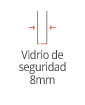 Diagrama de un panel de vidrio de seguridad de 8 mm, con flechas que indican el grosor. Texto en español: «Vidrio de seguridad».