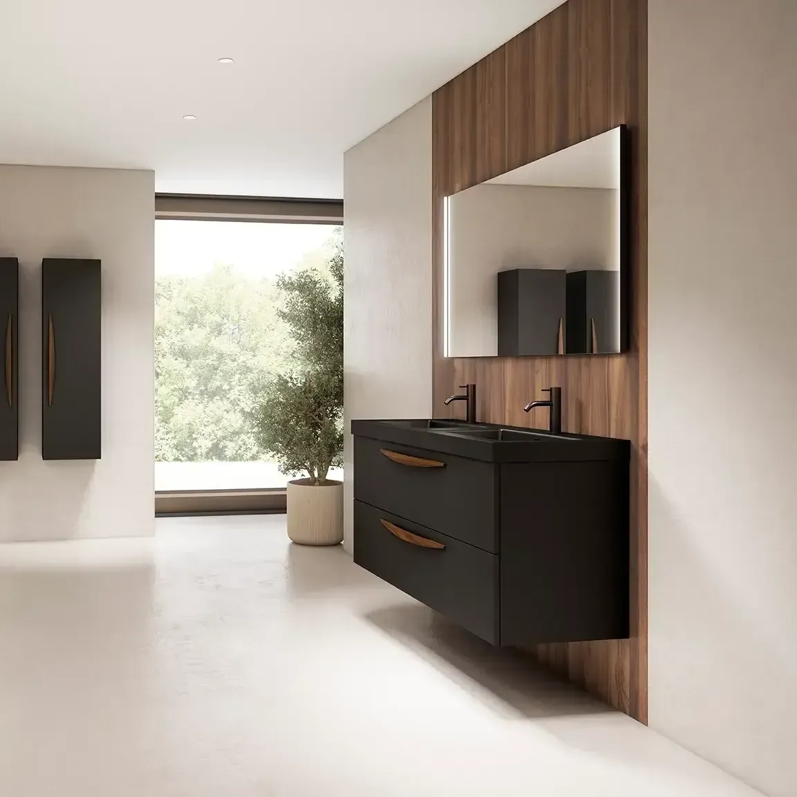 Baño moderno con tocador negro, pared con detalles de madera y ventana grande.