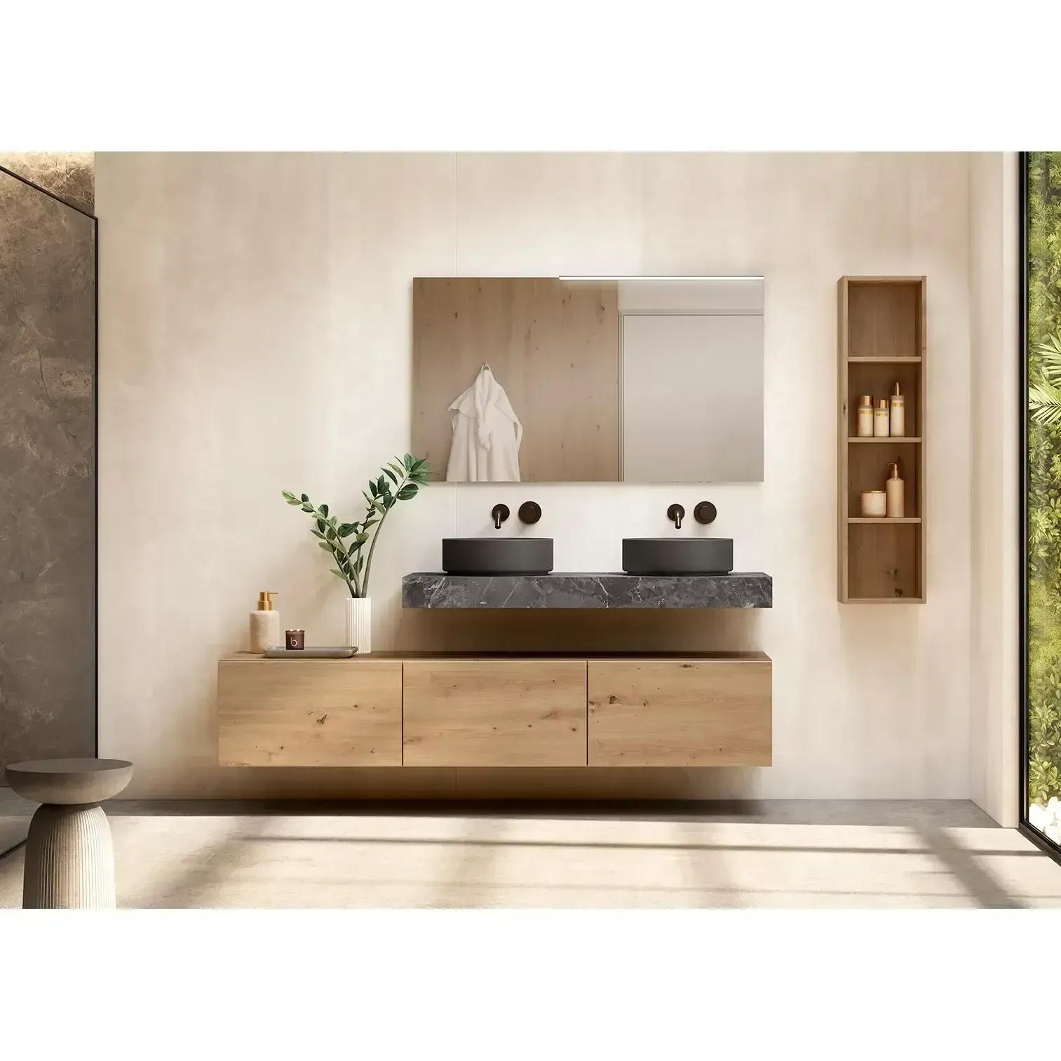 Baño moderno: tocador de madera con dos lavabos negros, espejo grande y estanterías abiertas.