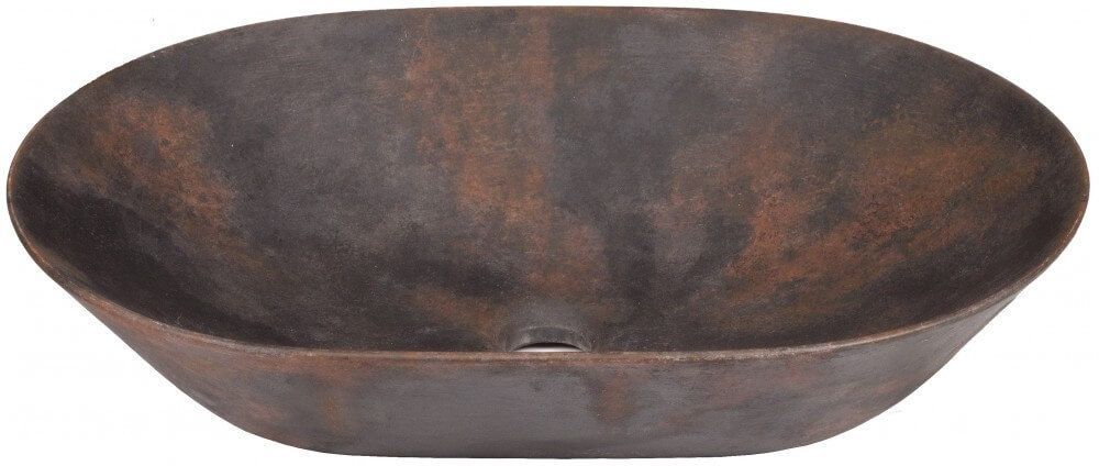 Lavabo de baño ovalado, de color marrón oscuro y texturizado, de cobre.