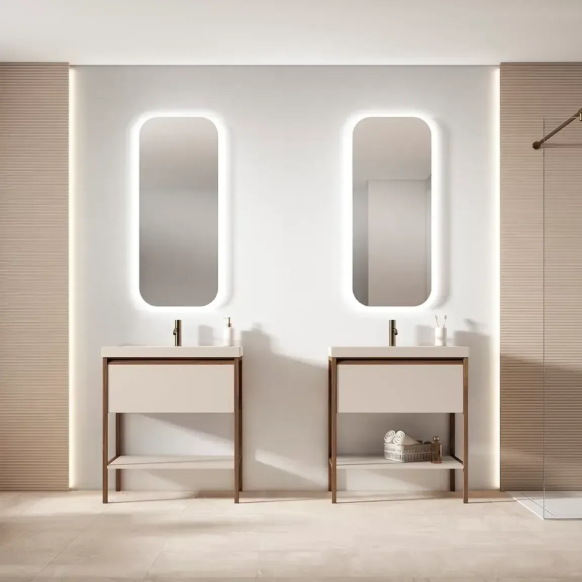 Dos tocadores de baño modernos con espejos, tonos neutros e iluminación cálida.