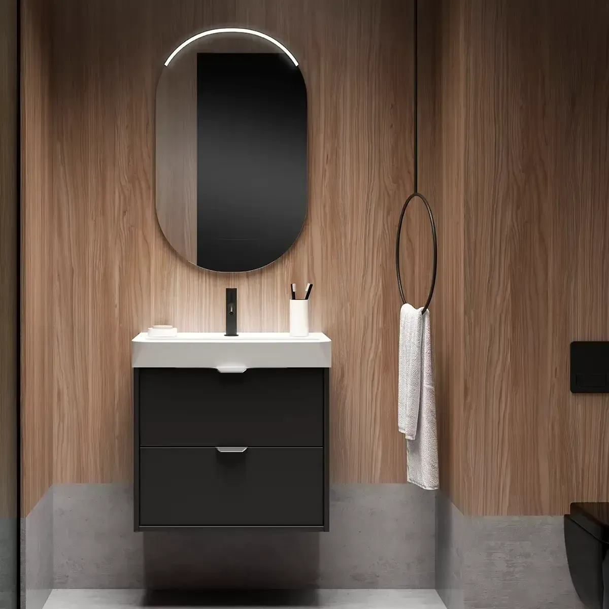 Mueble de baño con mueble gris oscuro, encimera blanca, espejo ovalado y pared de madera.