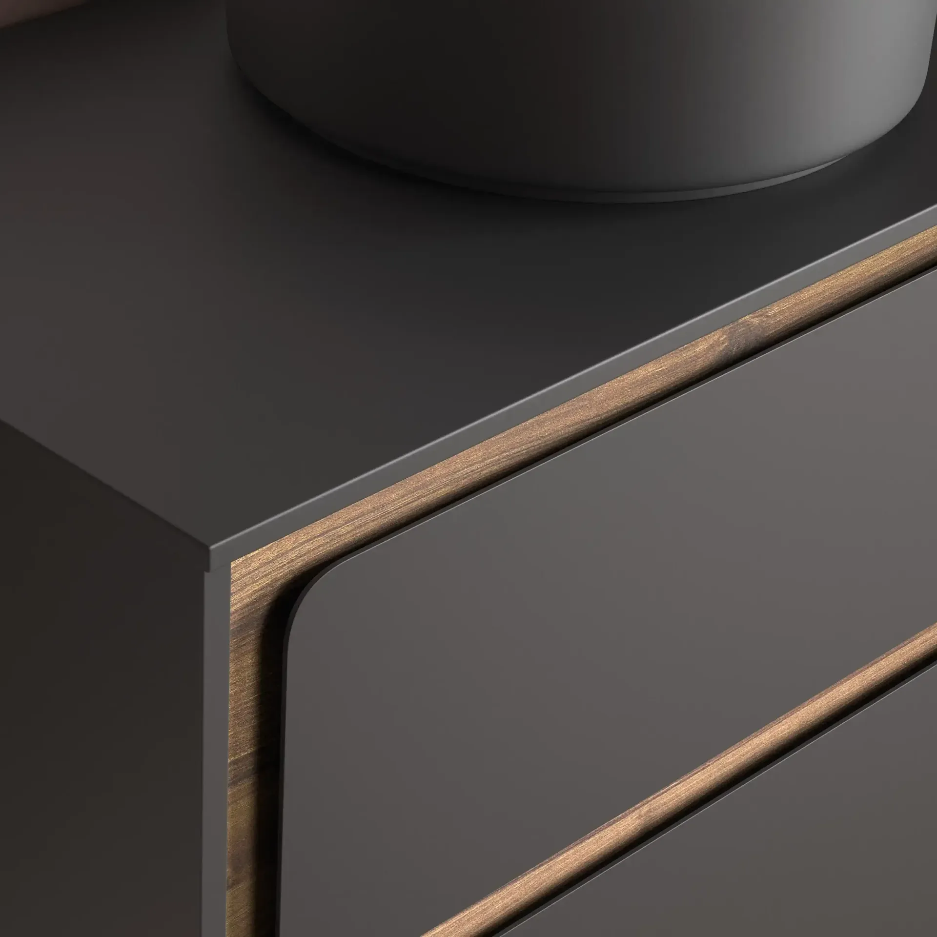 Mesita de noche de color gris oscuro con detalles en dorado.