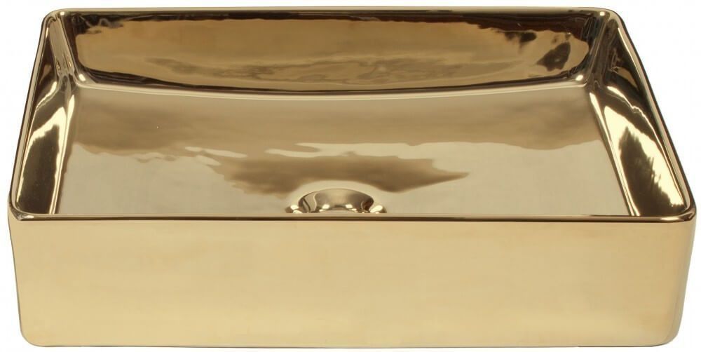 Lavabo de baño dorado, rectangular, con orificio de desagüe.