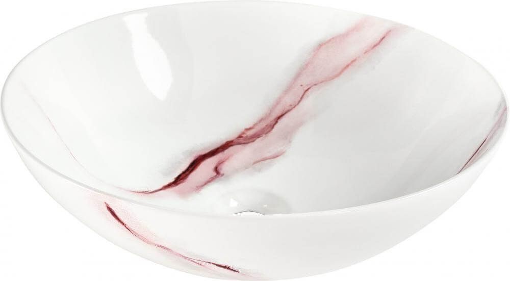 Lavabo de porcelana blanca con estampado de mármol y veta granate.