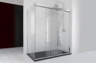 Baño moderno con ducha con marco negro, tocador flotante de madera, espejo circular, paredes grises y un inodoro blanco.