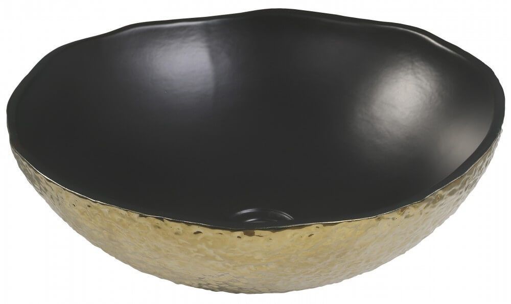 Cuenco decorativo negro y dorado con exterior dorado texturizado e interior negro.