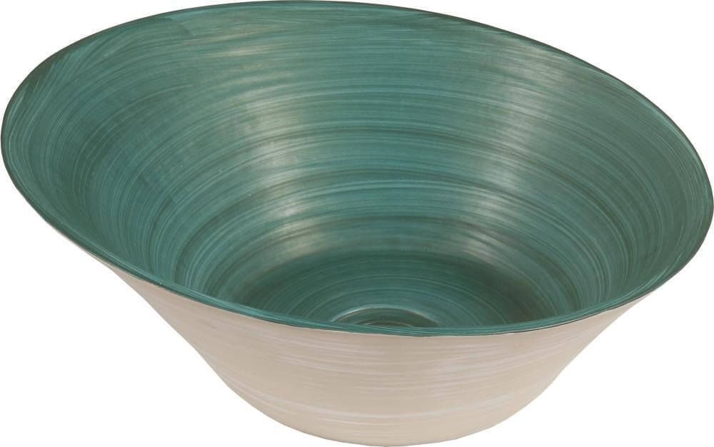 Cuenco de bambú en tonos verde azulado y natural con borde en ángulo.