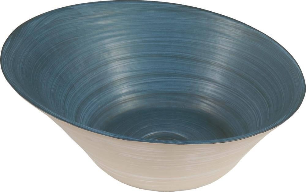 Cuenco de bambú azul y beige, forma ovalada, vacío.