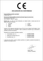 Declaración de Conformidad CE. Documento con el símbolo CE y texto en español. Se listan los resultados satisfactorios de las pruebas.
