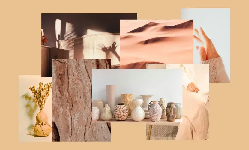 Collage con tonos beige y marrones: dunas del desierto, manos, cerámica y plantas secas.