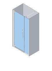 Vista isométrica de una mampara de ducha de cristal con puerta corrediza; cristal azul claro, marco plateado.