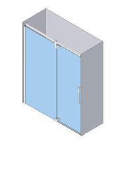 Vista isométrica de una puerta de ducha corrediza de vidrio, vidrio azul, marco gris.