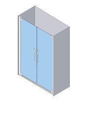 Vista isométrica de una cabina de ducha con dos puertas de vidrio azul y manijas plateadas.