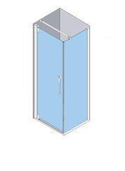 Dibujo isométrico de una mampara de ducha de cristal con puerta, cristal azul y tirador cromado.